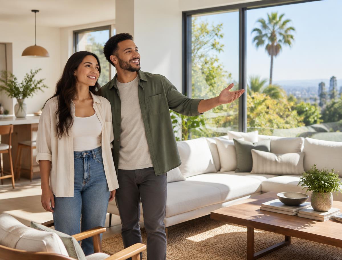 Illustrative scene of first-time buyers exploring a home
