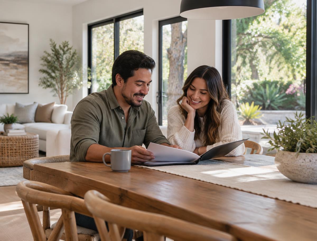 Illustrative scene of a couple reviewing home buying plans